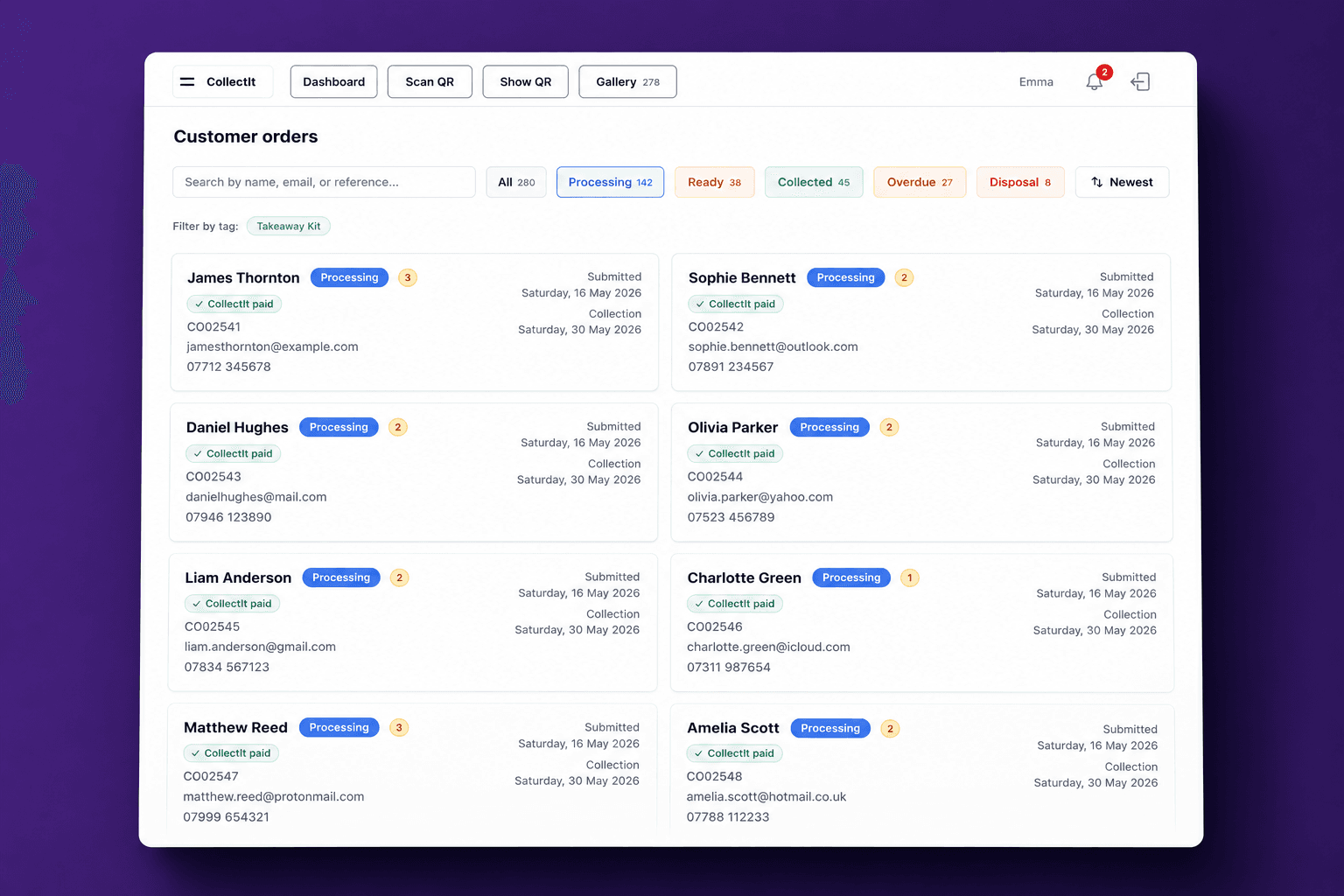 CollectIt customer orders dashboard — live status view