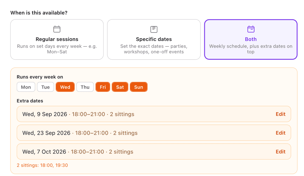 The When is this available? options with Both selected, showing weekly days and a list of extra dates