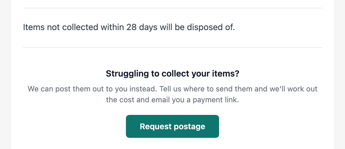 The foot of a ready-for-collection email, with a Struggling to collect your items? section and a Request postage button