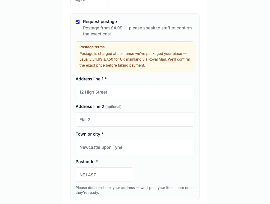 Submission form with Request postage ticked, showing postage terms and address fields