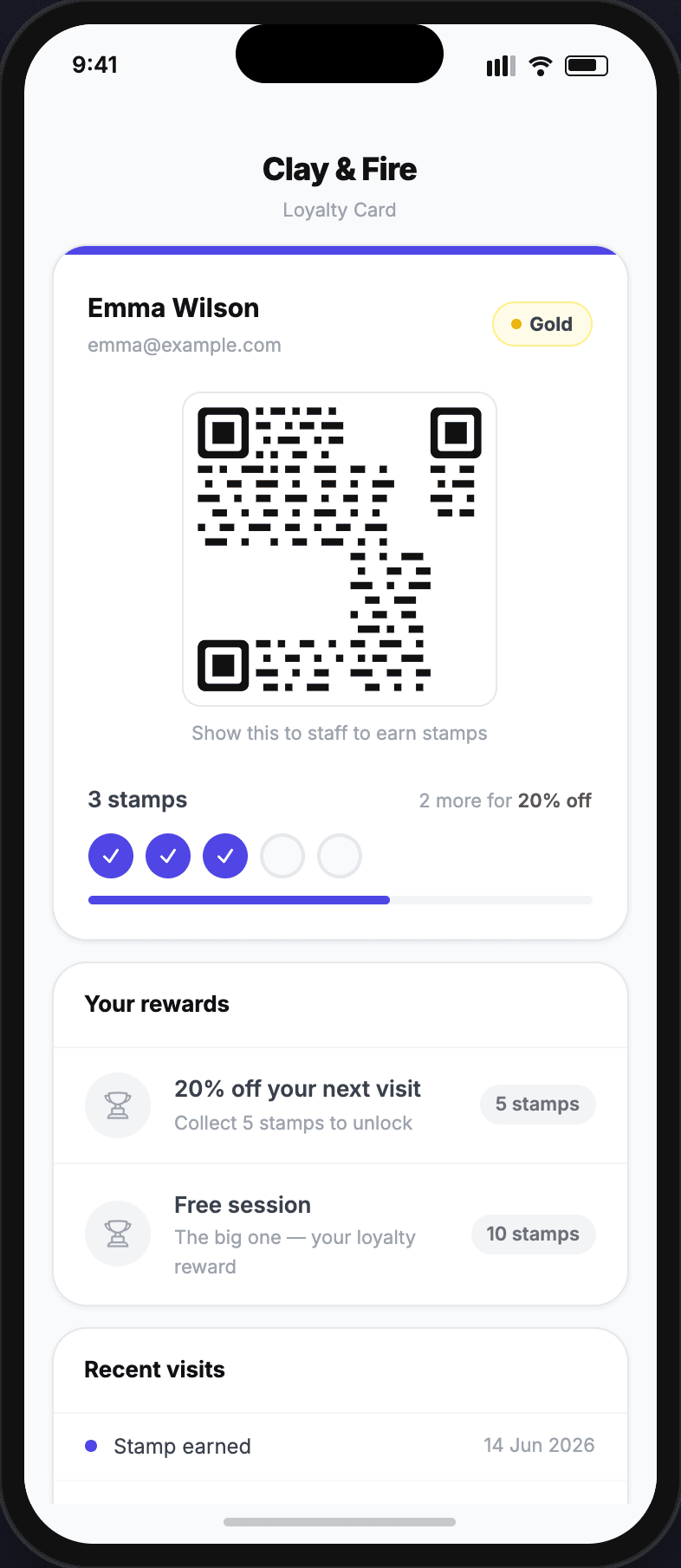 Loyalty stamp card on a phone showing Clay & Fire studio