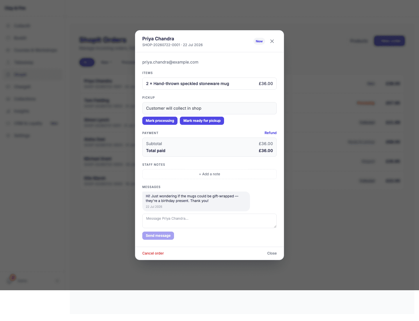 ShopIt orders list with an order detail panel open, showing items, pickup and a customer message