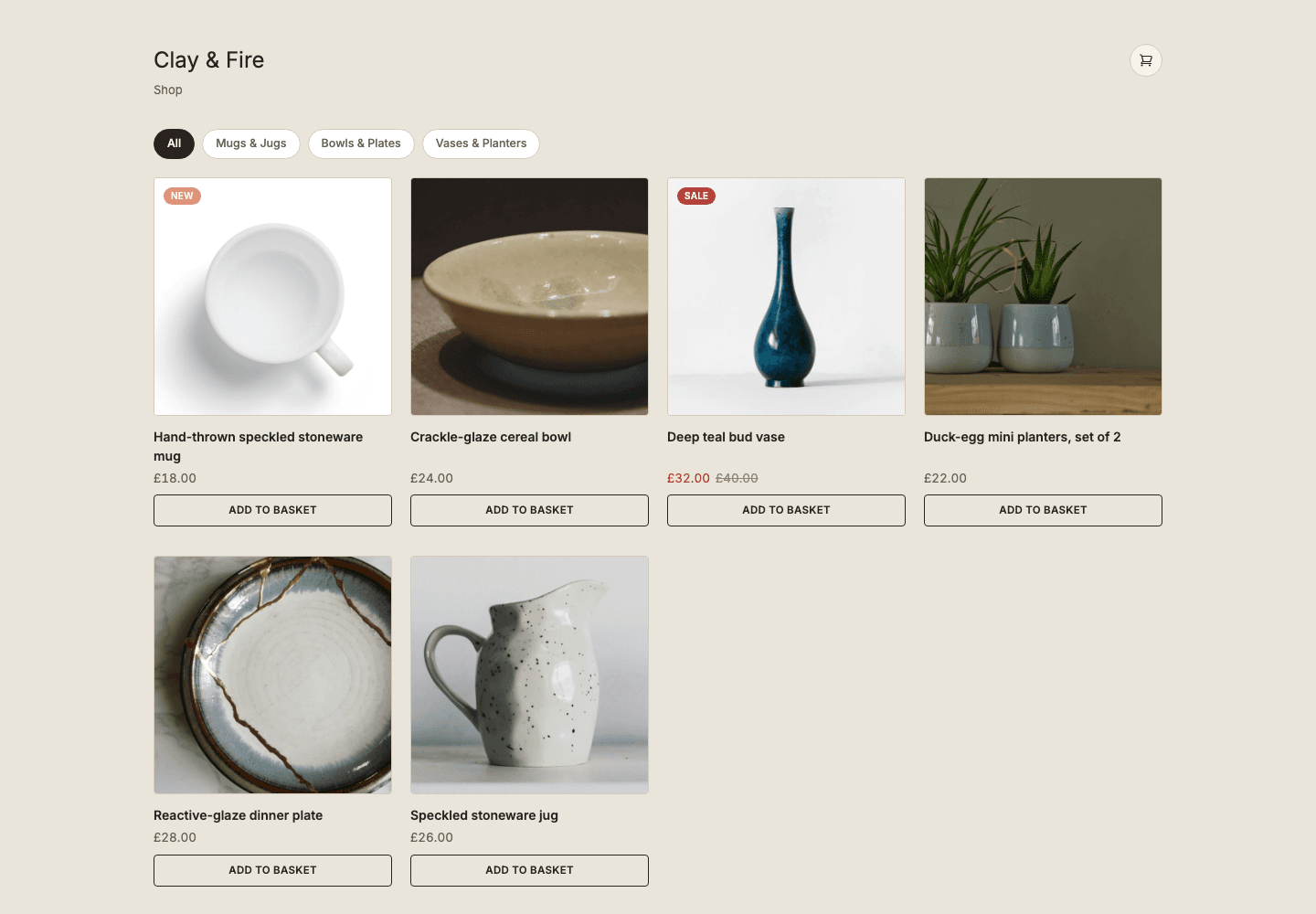 ShopIt storefront grid showing product tiles with NEW and SALE badges