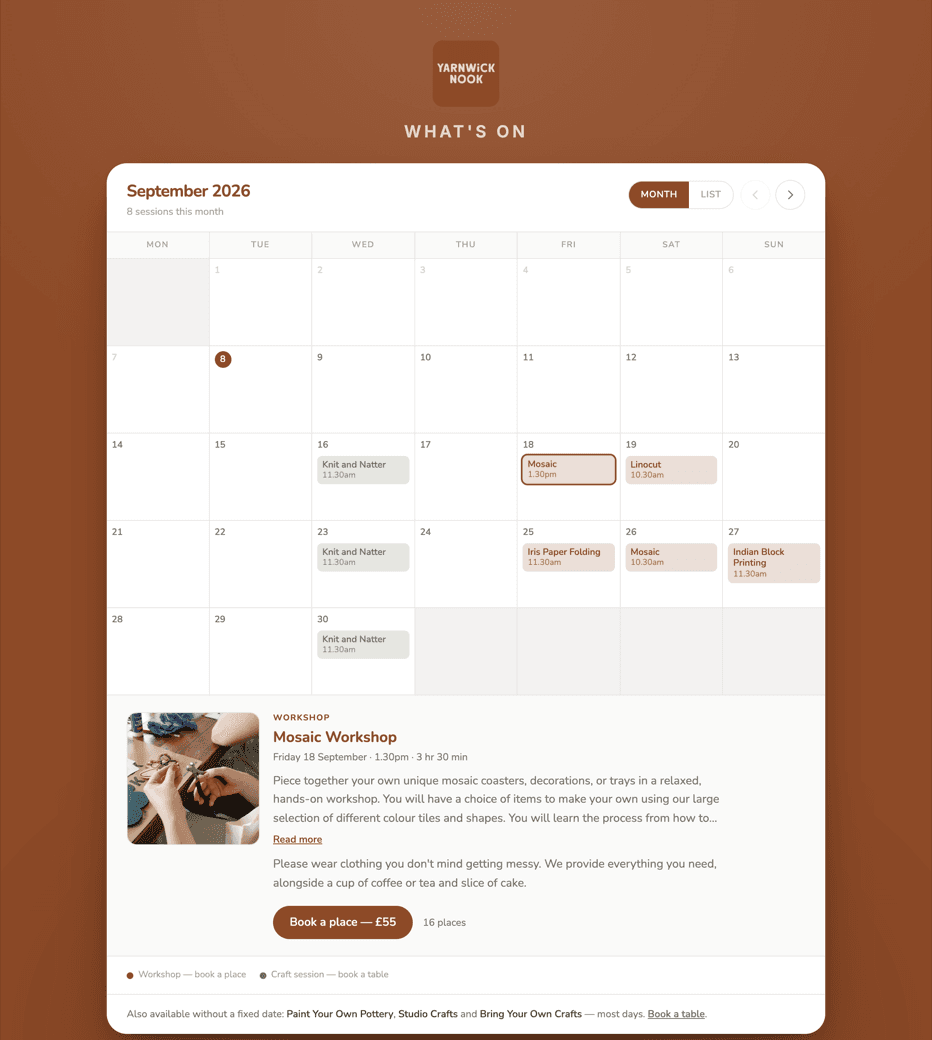 A month-by-month what's-on calendar showing workshops and dated sessions