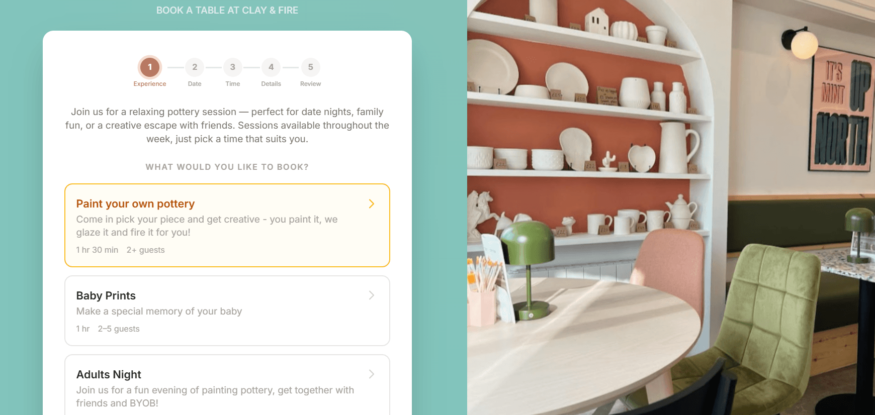 BookIt customer-facing booking page branded with studio colours