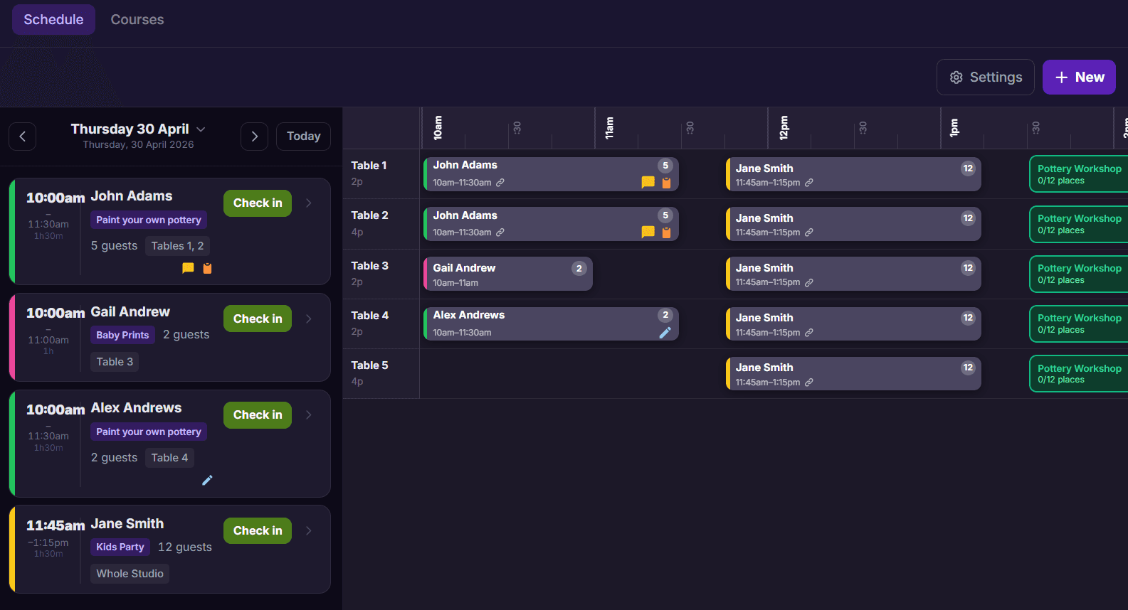 BookIt Gantt schedule view showing bookings across tables