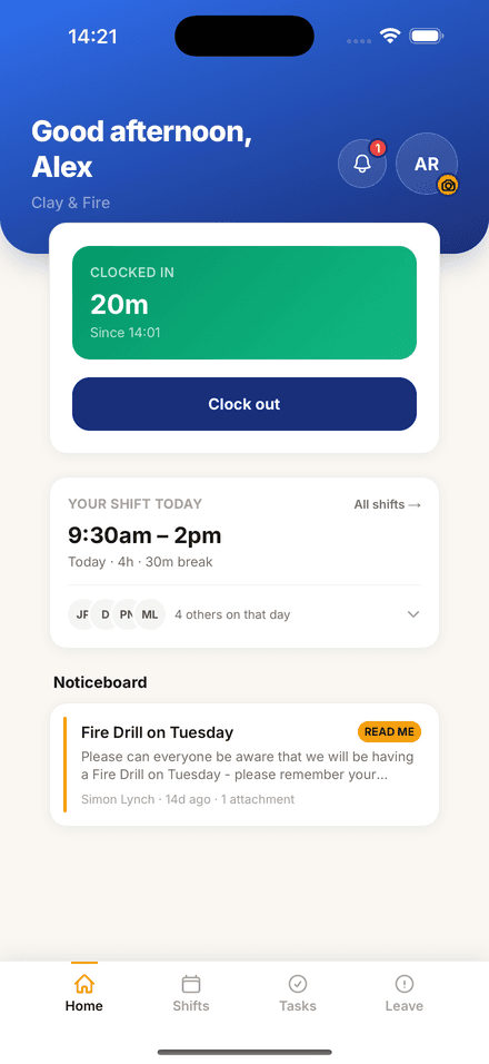 The StaffIt app on a phone, showing the employee clocked in, their shift for the day, who else is working and the studio noticeboard.