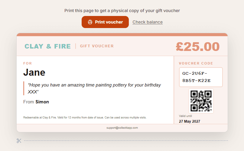 Gift voucher email with scheduled delivery